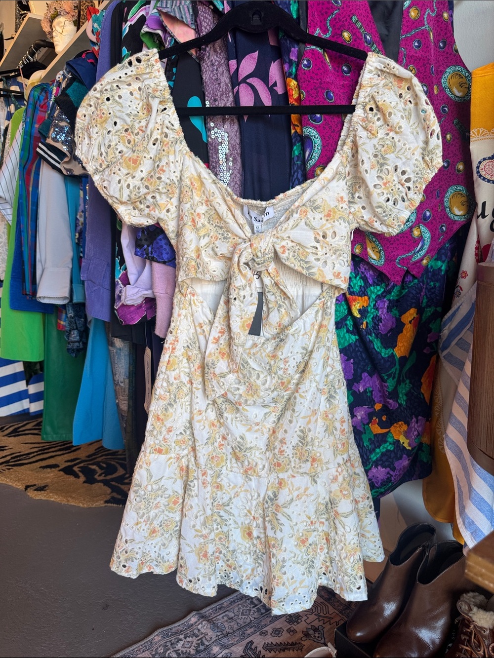 NWT En Saison Floral Eyelet Puff-Sleeve Mini Dress in Cream & Yellows